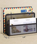 Three Compartment Metal Mesh Mail Organizer with letters and postcards, dimensions 6.8x2.95x5.43 inches shown