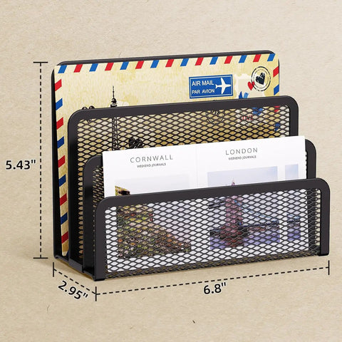 Three Compartment Metal Mesh Mail Organizer with letters and postcards, dimensions 6.8x2.95x5.43 inches shown