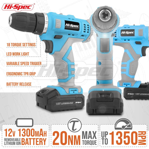 Your Go To Cordless Drill Set 50 Piece 12V Power Driver Kit with toolbox, image shows front and side view with various drill settings.