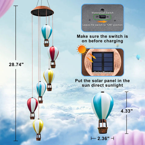 Solar Powered Wind Chimes With Hot Air Balloon Lights For Outdoors Auto Light Up Garden Decor Backyard Gift For Women Mom Grandma Birthday Sun Powered Outdoor Lit Night Glow with waterproof switch and solar panel.