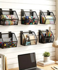Six Piece Slatwall Bin Set With Metal Hooks, Mesh Slatwall Mounted Storage Organizer for craft room and home organization.