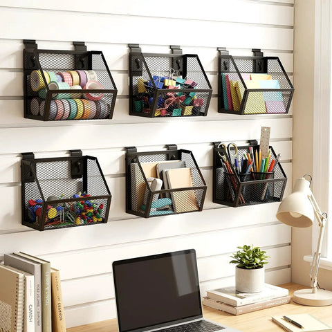Six Piece Slatwall Bin Set With Metal Hooks, Mesh Slatwall Mounted Storage Organizer for craft room and home organization.