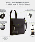 Anti-Theft Classic Mini Shoulder Bag With 5-Point Security System, labeled features, black with lockable zippers and mesh design.