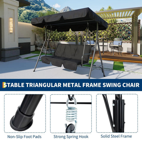 Three Seat Outdoor Porch Swing With Stand And Adjustable Canopy For Backyard Patio, 800 Lb Capacity, Tilt Shade In Grey, Weather Resistant Steel Frame, Easy Assembly, Cozy Family Friendly Outdoor Furniture