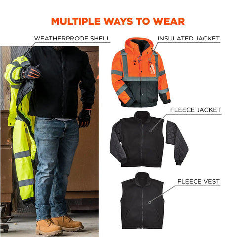 High Visibility Reflective Winter Bomber Jacket With Zip Out Fleece Liner Windproof And Water Resistant 300D Shell shown in layers