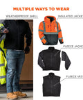 Diagram showing Hi Vis Reflective Winter Bomber Jacket With Zip Out Fleece Liner and its wearing options: shell, insulated, fleece jacket, vest