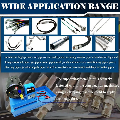 Wide application range showing different hydraulic hoses, pipes, and hose crimper machine used for various automotive and construction needs.