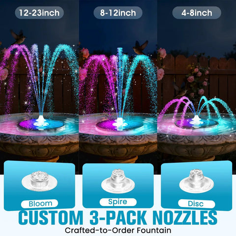 Powerful Solar Bird Bath Fountain Pump with 4000mAh battery, three spray modes, and lights in garden pond with custom nozzles