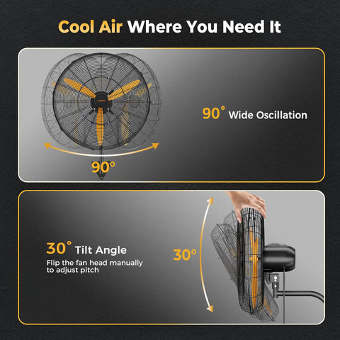 24 Inch Oscillating Misting Wall Mount Fan With Extended Wired Remote And Nine Point Eight Foot Power Cord For Greenhouse Garage Workshop And Covered Patio Cooling Solution, showing 90° oscillation and 30° tilt angle features.