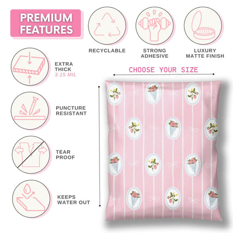 Cute Pink 10x13 Poly Mailers Pack Of 100 For Clothing Shipping Durable Lightweight Plastic Envelopes With Strawberry Bouquet Design