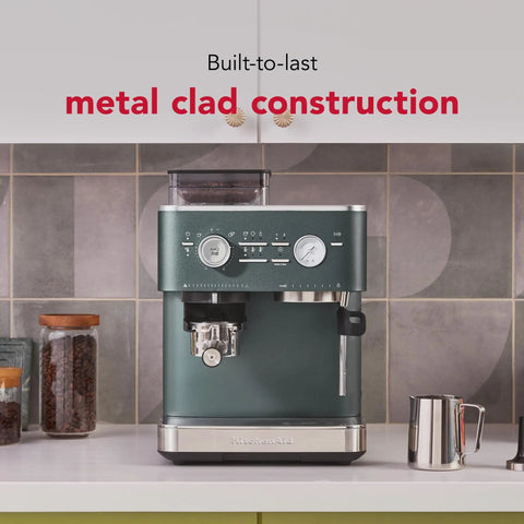 Semi Automatic Espresso Machine With Built In Burr Grinder In Juniper Color, Metal Clad Build For Durable, Pro Style Performance