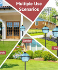 Citronella Torch Set Of Four 16 Oz Blue Glass Outdoor Garden Torches With 3 Prong Ground Stake 58.6 Inch Tall installed in yard and garden