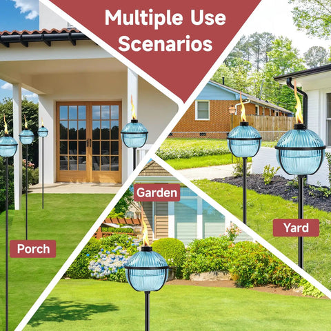 Citronella Torch Set Of Four 16 Oz Blue Glass Outdoor Garden Torches With 3 Prong Ground Stake 58.6 Inch Tall installed in yard and garden