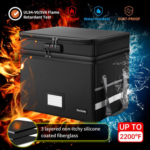 Boss Level Fireproof Multi Layer File Box With Lock Collapsible Portable Office Filing Organizer For Hanging Letter And Legal Size Folders 3 Layer Silicone Coated Fiberglass Water Resistant Safe In Black against fire and water backdrop