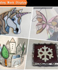 Stained glass creations showcasing unicorn, butterfly, village scene, and snowflake using 2.0mm No Flux Core Sn60 Pb40 Solder Wire.
