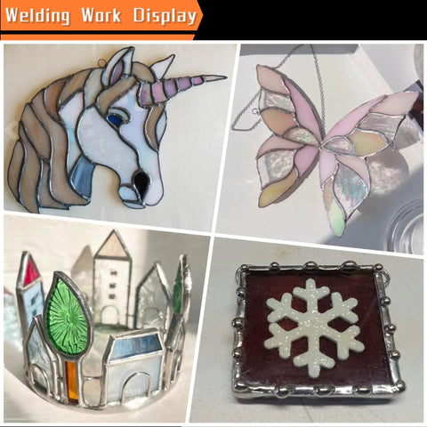 Stained glass creations showcasing unicorn, butterfly, village scene, and snowflake using 2.0mm No Flux Core Sn60 Pb40 Solder Wire.