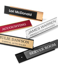 Custom Desk Name Plate With Aluminum Holder For Office Signage, Two Lines Of Laser Engraved Text, 2 Inch By 8 Inch, shown in various colors and styles.