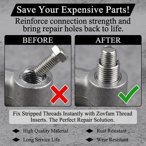 Heavy Duty Pro Grade Wire Thread Repair Inserts Kit showing before and after installation on metal part