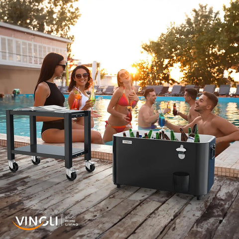 60 Quart Rolling Ice Chest On Wheels Portable Patio Party Bar Drink Cooler Cart With Shelf And Bottle Opener by a pool