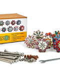 Handmade Flower Ceramic Knob Set of 10 with Colorful Multi Design Cabinet Knobs for Doors Drawers Cabinets Ideal for Home Kitchen Office Includes Wrench Screws Caps and Bolts displayed with packaging, screws, and wrench