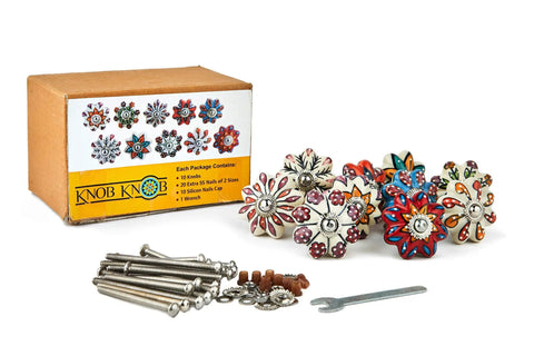 Handmade Flower Ceramic Knob Set of 10 with Colorful Multi Design Cabinet Knobs for Doors Drawers Cabinets Ideal for Home Kitchen Office Includes Wrench Screws Caps and Bolts displayed with packaging, screws, and wrench