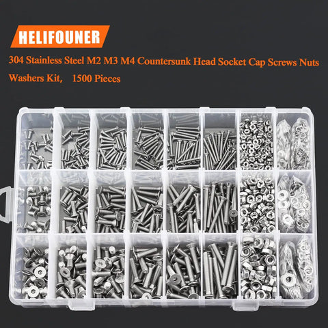 1500 Piece Hella Durable Metric Socket Cap Screw Hardware Kit 304 Stainless Steel Countersunk Head Bolts in a clear storage box.