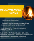 High Temperature Fire Brick 9x4.5x1.25 Inch Tan 6 Pack Built To Last For Wood Stoves Fireplaces And Pizza Ovens Usa Made Heat Rated To 2700 F Non Brittle And Size Accurate, recommended usage text with fire image.