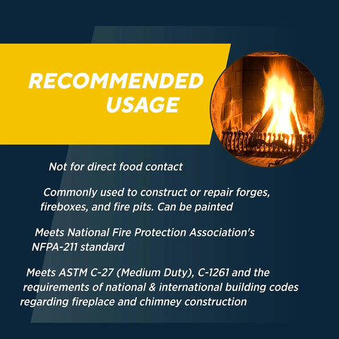 High Temperature Fire Brick 9x4.5x1.25 Inch Tan 6 Pack Built To Last For Wood Stoves Fireplaces And Pizza Ovens Usa Made Heat Rated To 2700 F Non Brittle And Size Accurate, recommended usage text with fire image.