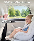 Battery Operated Stroller Fan With Flexible Tripod Clip On For Car Seat providing breeze to seated toddler in car
