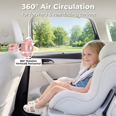 Battery Operated Stroller Fan With Flexible Tripod Clip On For Car Seat providing breeze to seated toddler in car
