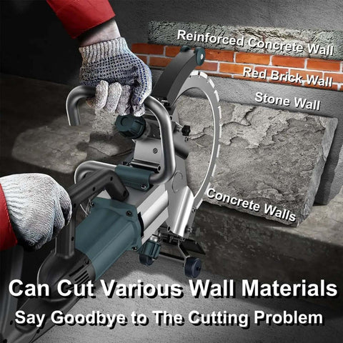 8800W Brushless Electric Circular Saw for Reinforced Concrete and Masonry Cuts with 270mm Depth and Dust Free Operation, cutting through stone wall.