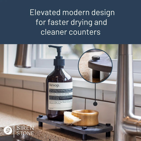 Top Tier Sink Organizer Tray Crafted From Ultra Absorbent Diatomaceous Earth Stone With Rugged Stainless Legs For Quick Drying Kitchen Counter Setup That Kills Puddle Problems with hand wash and brushes.