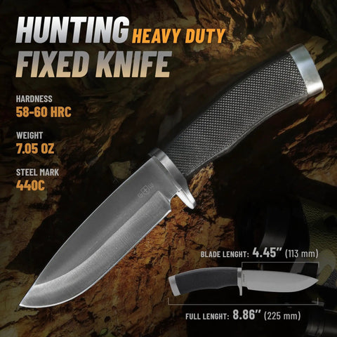 Rugged Fixed Blade Survival Knife With Sheath For Camping, Hunting, And Bushcraft, 440C stainless steel blade, rubber handle.