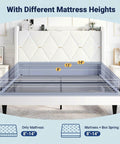 Queen Bed Frame With Plush Velvet Headboard And Built In Charging Station Featuring Dual AC Outlets And USB Port Plus Type C Hub for mattress height options