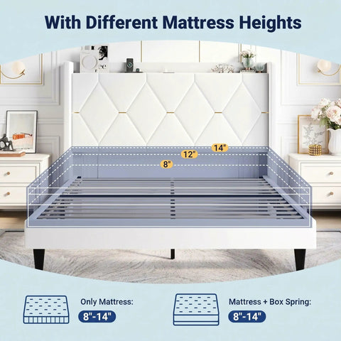 Queen Bed Frame With Plush Velvet Headboard And Built In Charging Station Featuring Dual AC Outlets And USB Port Plus Type C Hub for mattress height options