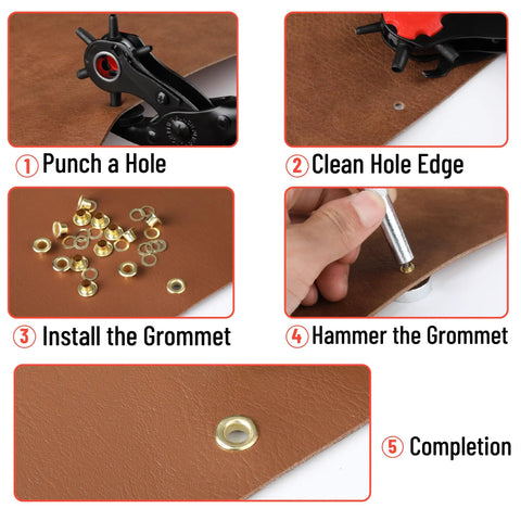 Steps using Leather Hole Punch Tool Set With Red Handle, Pro Grade Multi Size Punches And 100 Piece Grommet Eyelet Kit for crafts.