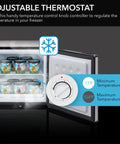 Adjustable thermostat control knob for Compact Upright Freezer With Secure Lock, 1.1 Cu Ft Stainless Steel Mini Icebox.