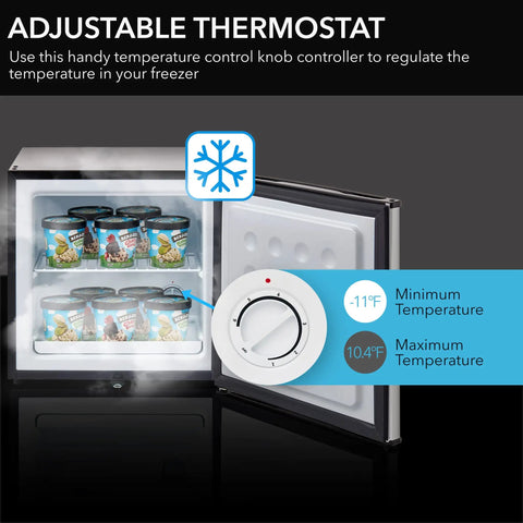 Adjustable thermostat control knob for Compact Upright Freezer With Secure Lock, 1.1 Cu Ft Stainless Steel Mini Icebox.