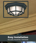 Builder Cast Outdoor Flush Mount Ceiling Light Black 10.5 Inch Wide With Frosted Glass, installed on ceiling
