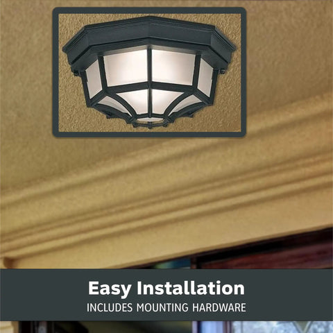 Builder Cast Outdoor Flush Mount Ceiling Light Black 10.5 Inch Wide With Frosted Glass, installed on ceiling
