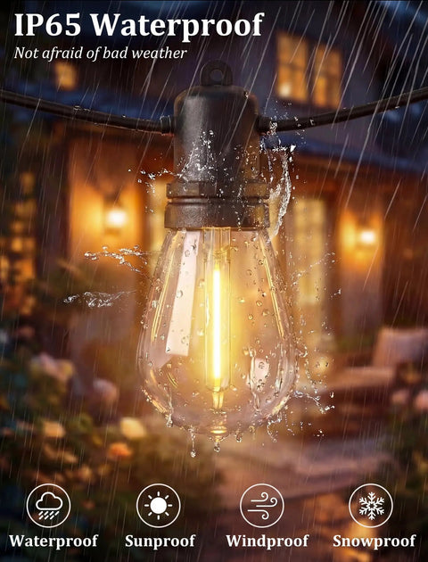 30Ft S14 Patio String Lights With 11 Clear LED Bulbs Plus 1 Spare hanging in rain showcasing waterproof feature at night