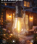 Close-up of S14 Outdoor String Lights 100Ft Waterproof Patio Lights With 35 Shatterproof LEDs 2 Spares UL Certified in rain