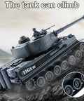 RC Military Tank Tiger I WW2 Battle Toy With IR Battle climbing rugged terrain with rotating turret and detailed treads visible