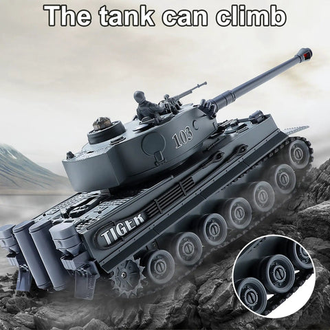 RC Military Tank Tiger I WW2 Battle Toy With IR Battle climbing rugged terrain with rotating turret and detailed treads visible