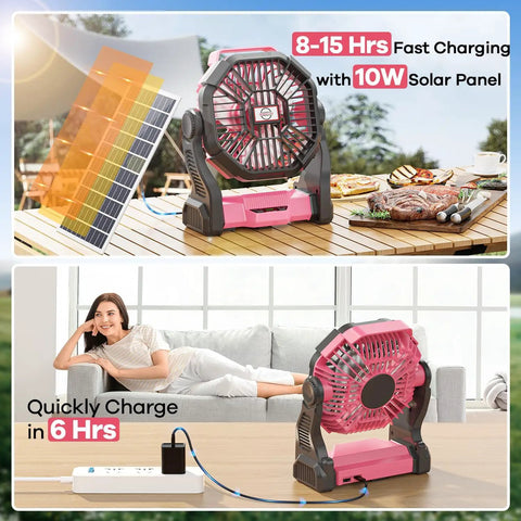 Ultra Portable 30000mAh Solar Fan With LED Lantern And 10W Solar Panel Battery Powered Camping Fan on table charging