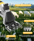 High Capacity Cordless Sheep Shears Gonna Slice Through Thick Wool Fast With Six Adjustable Speed Options And A Shock Absorbing Handle That Allows Your Hands To Ride Smooth Without Getting Achy Or Weary During Big Ranch Jobs showing depth adjustment knob and upper/lower blades.