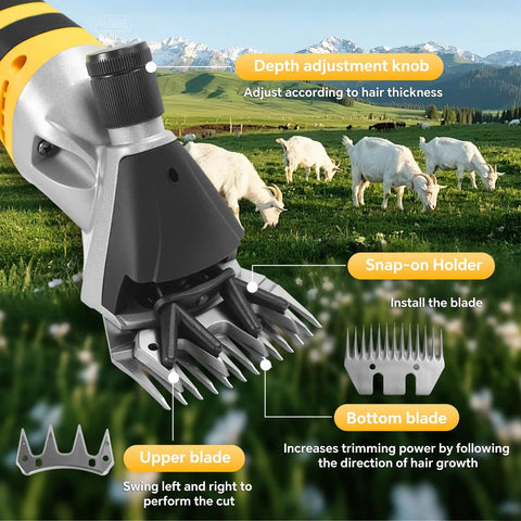 High Capacity Cordless Sheep Shears Gonna Slice Through Thick Wool Fast With Six Adjustable Speed Options And A Shock Absorbing Handle That Allows Your Hands To Ride Smooth Without Getting Achy Or Weary During Big Ranch Jobs showing depth adjustment knob and upper/lower blades.