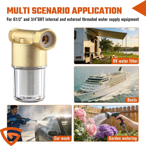 Reusable Brass Sediment Water Filter For Washer And More, 40 Micron Inline Filter System used in RVs, boats, car wash, and garden watering