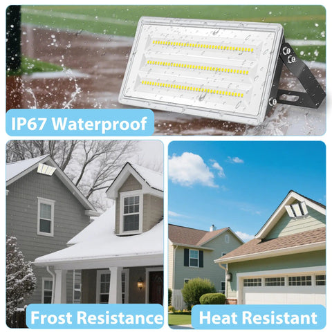 Beast Mode 300W LED Flood Light For Outdoors, 30,000 Lumens Stadium Lighting, IP67 waterproof, on snowy and sunny rooftops