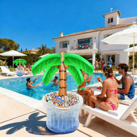 Set Of 2 Inflatable 60 Inch Palm Tree Coolers For Pool Parties Tropical Hawaiian Theme Beverage Floats Beach Party Decor.